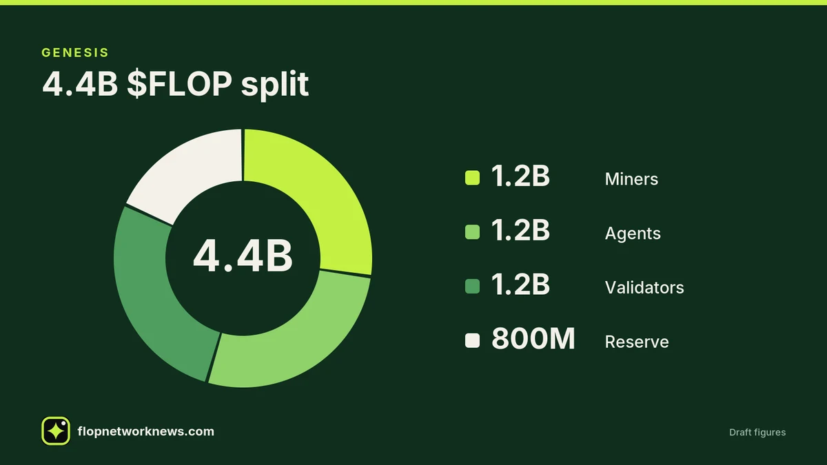 Donut chart titled 4.4B $FLOP split, labelled Genesis. Segments: 1.2B miners, 1.2B agents, 1.2B validators and 800M reserve, 4.4B in the centre. Marked draft figures. Credit: flopnetworknews.com.