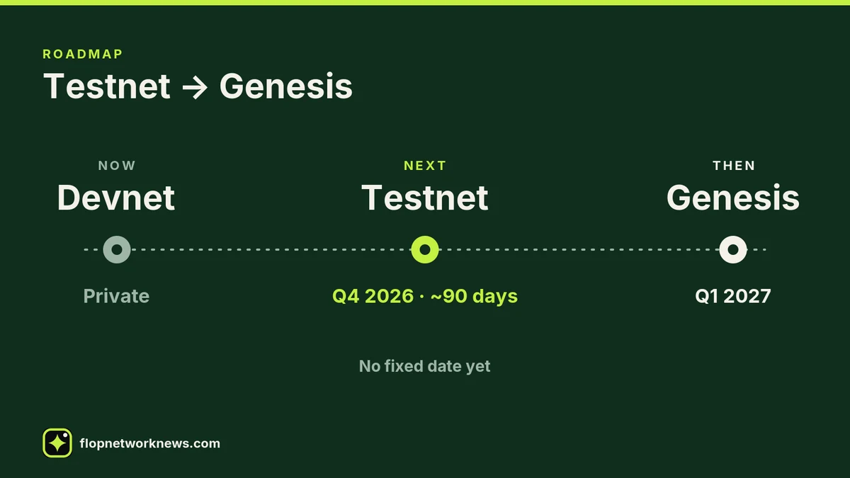 Timeline infographic titled Testnet to Genesis, labelled Roadmap. Now: Devnet, private. Next: Testnet, Q4 2026, about 90 days. Then: Genesis, Q1 2027. Note: No fixed date yet. Credit: flopnetworknews.com.