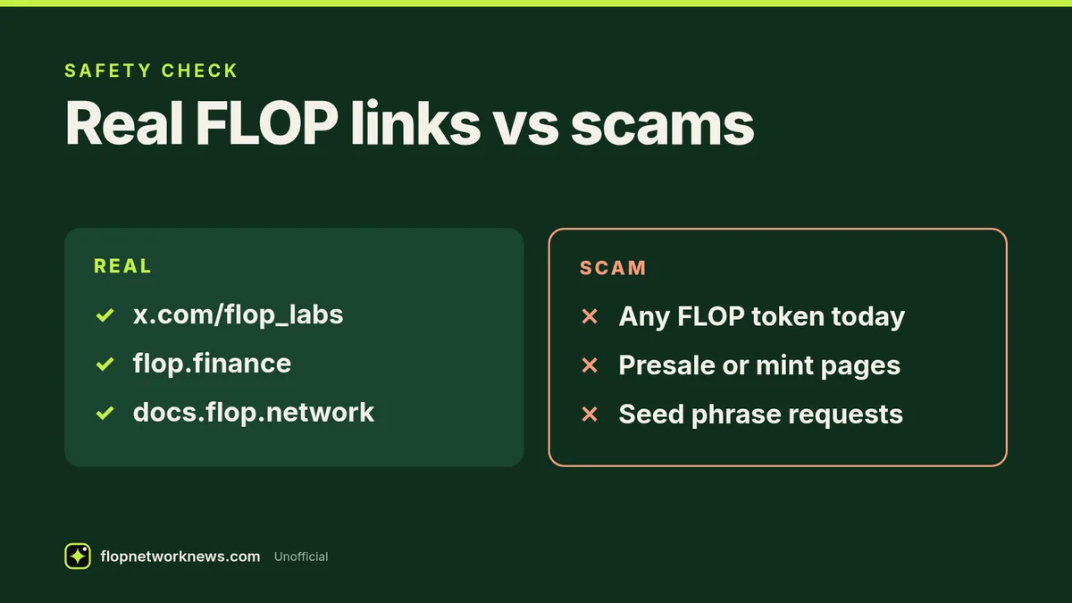 Infographic titled Real FLOP links vs scams. Real: x.com/flop_labs, flop.finance, docs.flop.network. Scam: any FLOP token today, presale or mint pages, seed phrase requests. Credit: flopnetworknews.com, unofficial.