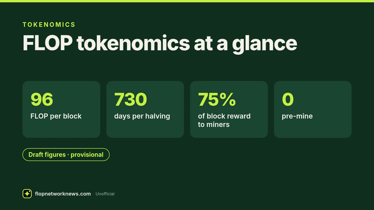 Infographic titled FLOP tokenomics at a glance. 96 FLOP per block. 730 days per halving. 75% of block reward to miners. 0 pre-mine. Draft figures, provisional. Credit: flopnetworknews.com, unofficial.